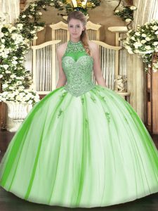Fashion Lace Up Halter Top Beading and Appliques Vestidos de Quinceanera Tulle Sleeveless