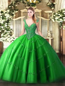 Charming Green Ball Gowns V-neck Sleeveless Tulle Floor Length Lace Up Beading and Appliques 15th Birthday Dress