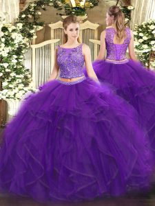 Tulle Scoop Sleeveless Lace Up Beading and Ruffles Vestidos de Quinceanera in Purple