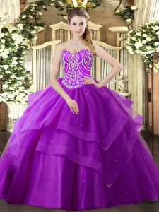Fancy Sweetheart Sleeveless Tulle Quinceanera Gowns Beading and Ruffled Layers Lace Up