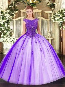 Purple Sleeveless Beading and Appliques Floor Length Sweet 16 Dresses