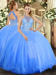 High Quality Floor Length Blue Quinceanera Dress Halter Top Sleeveless Lace Up