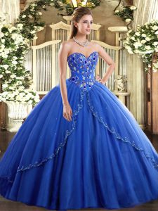 Blue Sleeveless Tulle Brush Train Lace Up Ball Gown Prom Dress for Military Ball and Sweet 16 and Quinceanera