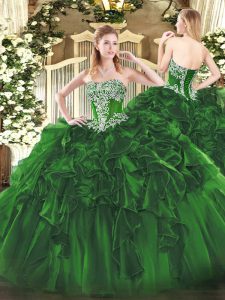 Sleeveless Organza Floor Length Lace Up Vestidos de Quinceanera in Dark Green with Beading and Ruffles