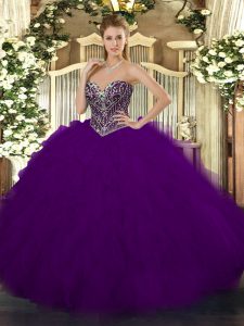 Enchanting Sweetheart Sleeveless Quinceanera Gown Floor Length Beading and Ruffles Dark Purple Tulle