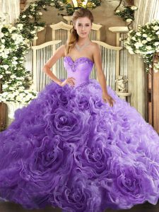 Hot Sale Lavender Ball Gowns Sweetheart Sleeveless Fabric With Rolling Flowers Floor Length Lace Up Beading 15 Quinceanera Dress
