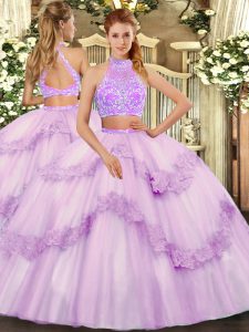 Sleeveless Floor Length Beading and Lace and Ruffles Criss Cross Vestidos de Quinceanera with Lavender