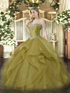 Olive Green Sweet 16 Dresses Military Ball and Sweet 16 and Quinceanera with Beading and Ruffles Sweetheart Sleeveless Lace Up