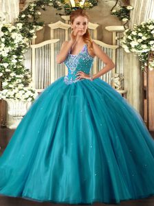 Modest Teal Quinceanera Gown Military Ball and Sweet 16 and Quinceanera with Beading Straps Sleeveless Lace Up
