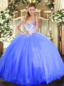 Sweet Blue Ball Gowns Beading Quinceanera Gown Lace Up Tulle Sleeveless Floor Length
