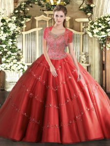 Ball Gowns Quinceanera Dress Coral Red Scoop Tulle Sleeveless Floor Length Clasp Handle
