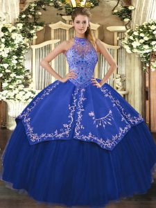Pretty Blue Ball Gowns Halter Top Sleeveless Tulle Floor Length Lace Up Beading and Embroidery Sweet 16 Dresses