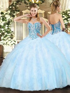 Light Blue Sweetheart Neckline Beading and Ruffles 15th Birthday Dress Sleeveless Lace Up