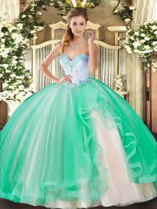 Turquoise Ball Gowns Sweetheart Sleeveless Tulle Floor Length Lace Up Beading and Ruffles Quinceanera Gown