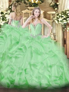 Apple Green Ball Gowns Sweetheart Sleeveless Organza Floor Length Lace Up Beading and Ruffles Quinceanera Gowns