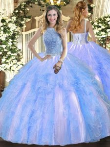 Beautiful Baby Blue High-neck Lace Up Beading and Ruffles 15 Quinceanera Dress Sleeveless