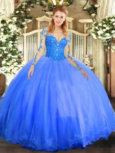 Great Floor Length Blue Quince Ball Gowns Tulle Long Sleeves Lace