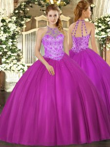 Lovely Satin Halter Top Sleeveless Lace Up Beading Quinceanera Gowns in Fuchsia