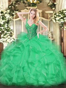 Affordable Ball Gowns Quince Ball Gowns Green V-neck Organza Sleeveless Floor Length Lace Up