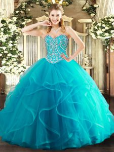 Fantastic Sleeveless Floor Length Beading and Ruffles Lace Up Sweet 16 Dresses with Teal