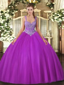 Simple Fuchsia Sleeveless Floor Length Beading Lace Up Quinceanera Gown