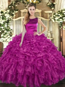 Ball Gowns Quince Ball Gowns Fuchsia Scoop Organza Sleeveless Floor Length Lace Up