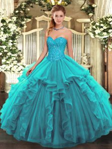 Noble Teal Lace Up Sweetheart Beading and Ruffles Quinceanera Gown Tulle Sleeveless