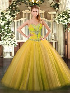 Gold Ball Gowns Beading 15th Birthday Dress Lace Up Tulle Sleeveless Floor Length