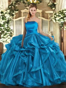 Fancy Strapless Sleeveless Lace Up 15th Birthday Dress Baby Blue Organza