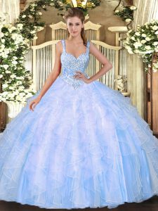 Floor Length Ball Gowns Sleeveless Light Blue Quince Ball Gowns Lace Up