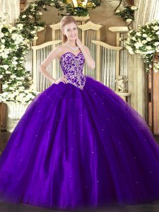 Glorious Purple Ball Gowns Sweetheart Sleeveless Tulle Floor Length Lace Up Beading Quince Ball Gowns
