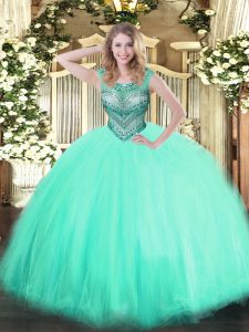Eye-catching Apple Green Lace Up Scoop Beading Quinceanera Dress Tulle Sleeveless