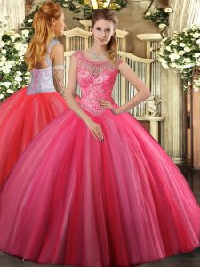 Coral Red Scoop Neckline Beading Quinceanera Gown Sleeveless Lace Up