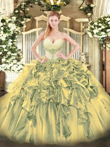 Colorful Olive Green Sweetheart Neckline Beading and Ruffles Quinceanera Gowns Sleeveless Lace Up