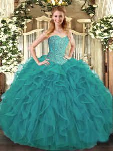 Low Price Turquoise Lace Up Quince Ball Gowns Beading and Ruffles Sleeveless Floor Length