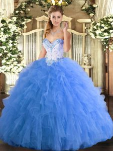 Sweetheart Sleeveless Ball Gown Prom Dress Floor Length Beading and Ruffles Baby Blue Tulle