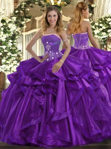 Ball Gowns Ball Gown Prom Dress Purple Strapless Organza Sleeveless Floor Length Lace Up