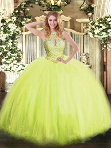Halter Top Sleeveless Quinceanera Dresses Floor Length Beading Yellow Green Tulle