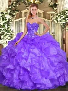 Adorable Lavender Organza Lace Up Quinceanera Gown Sleeveless Floor Length Beading and Ruffles