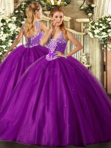 Comfortable Purple Sweet 16 Dresses Military Ball and Sweet 16 and Quinceanera with Beading Straps Sleeveless Lace Up
