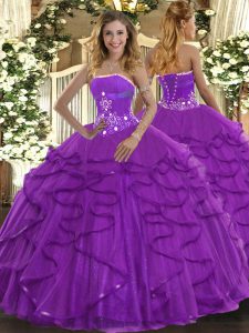 Tulle Strapless Sleeveless Lace Up Beading and Ruffles Quinceanera Gown in Purple