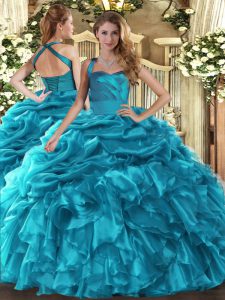 Enchanting Sleeveless Floor Length Ruffles and Pick Ups Lace Up 15 Quinceanera Dress with Teal