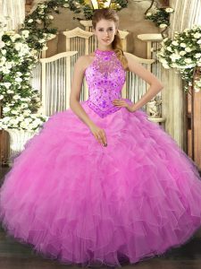 Rose Pink Ball Gowns Organza Halter Top Sleeveless Beading and Ruffles Floor Length Lace Up Quince Ball Gowns