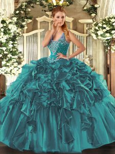Clearance Sleeveless Organza Floor Length Lace Up 15 Quinceanera Dress in Teal with Beading and Ruffles