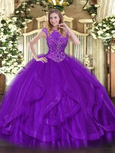 Custom Design Scoop Sleeveless Vestidos de Quinceanera Floor Length Beading and Ruffles Purple Tulle