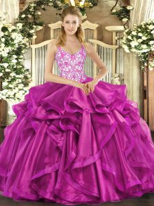 Colorful Floor Length Fuchsia Quinceanera Dress Straps Sleeveless Lace Up