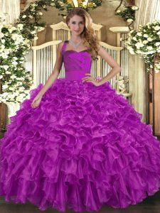 Fuchsia Organza Lace Up Halter Top Sleeveless Floor Length 15th Birthday Dress Ruffles