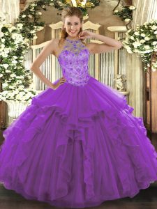 Purple Lace Up Vestidos de Quinceanera Beading and Embroidery Sleeveless Floor Length