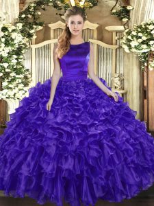 Purple Sleeveless Floor Length Ruffles Lace Up Quinceanera Dress