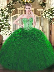 Floor Length Dark Green Quinceanera Gown Organza Sleeveless Beading and Ruffles